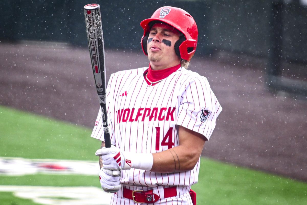Sophomore outfielder Ty Head prepares to bat during the first game of the doubleheader against Miami in Doak Field at Dail Park on Friday, May 1, 2026. Head recorded one hit. The Wolfpack fell to the Hurricanes 12-9.