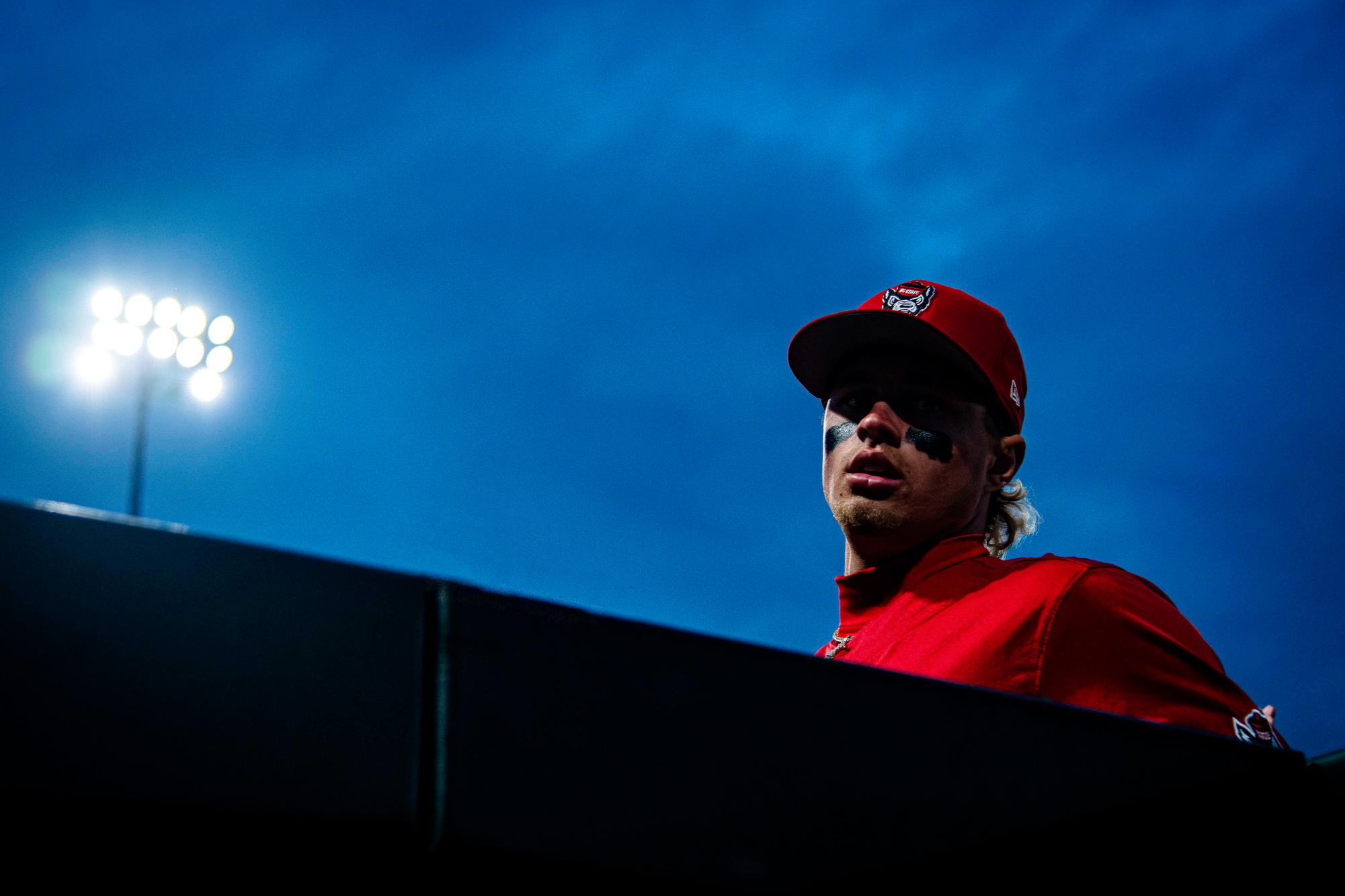 Sophomore outfielder Ty Head enters the dugout during the second game of the doubleheader against Miami in Doak Field at Dail Park on Friday, May 1, 2026. The Wolfpack defeated the Hurricanes 13-6.