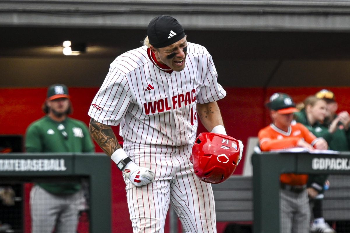 Sophomore outfielder Ty Head yells after getting struck out during the first game of the doubleheader against Miami in Doak Field at Dail Park on Friday, May 1, 2026. The Wolfpack fell to the Hurricanes 12-9.
