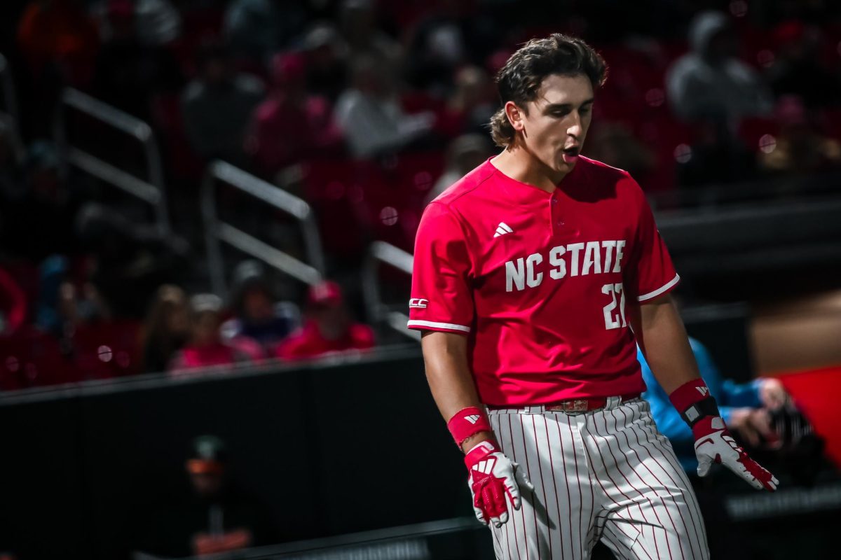 Junior infielder Chris McHugh detests a call by the umpires during the second game of the doubleheader against Miami in Doak Field at Dail Park on Friday, May 1, 2026. The Wolfpack beat the Hurricanes 13-6.