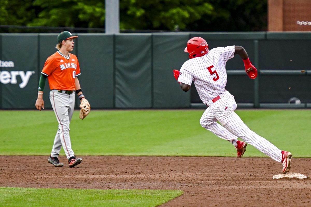 Junior infielder Sherman Johnson rounds the bases during the first game of the doubleheader against Miami in Doak Field at Dail Park on Friday, May 1, 2026. The Wolfpack fell to the Hurricanes 12-9.