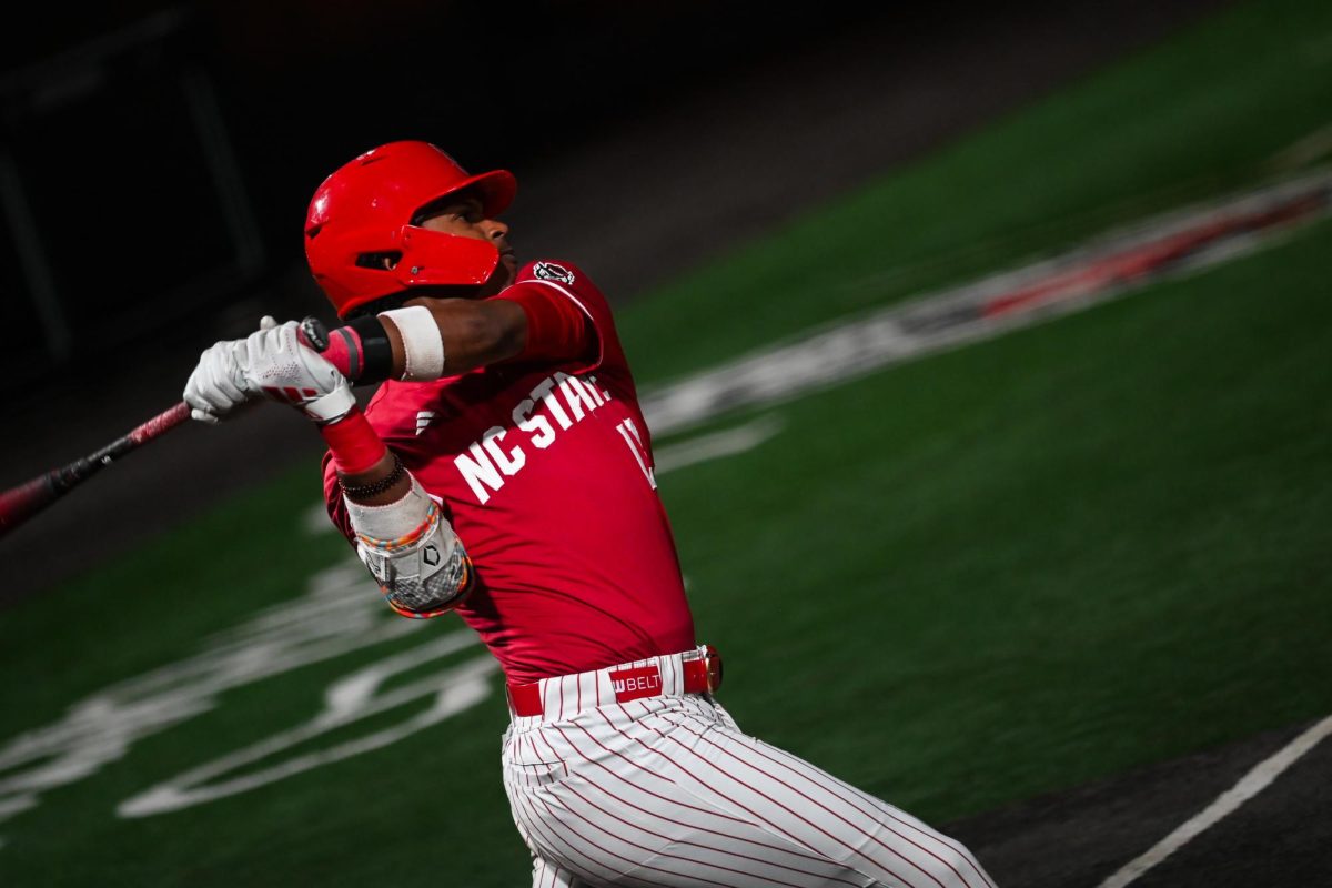 Junior outfielder Andrew Wiggins bats up during the second game of the doubleheader against Miami in Doak Field at Dail Park on Friday, May 1, 2026. The Wolfpack beat the Hurricanes 13-6.
