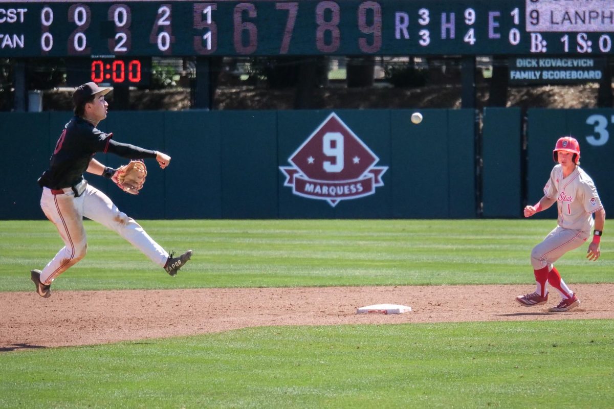 Sophomore infielder Charlie Bates fires a throw on the run during the game against NC State at Klein Field at Sunken Diamond on Sunday, May 10, 2026. The Cardinal defeated the Wolfpack by a score of 9-5.