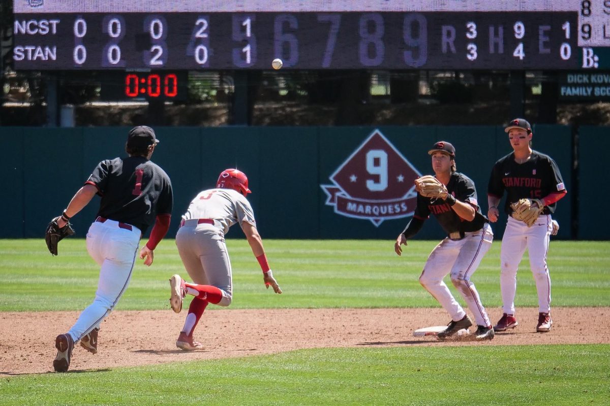 Sophomore infielder Charlie Bates prepares to tag Wolfpack freshman infielder Christian Serrano during the game against NC State at Klein Field at Sunken Diamond on Sunday, May 10, 2026. The Cardinal defeated the Wolfpack by a score of 9-5.