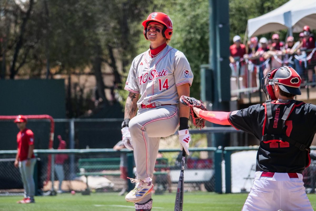 Sophomore outfielder Ty Head reacts to a close strike call during the game against Stanford at Klein Field at Sunken Diamond on Sunday, May 10, 2026. Head recorded a hit and a walk in the game. The Cardinal defeated the Wolfpack by a score of 9-5.