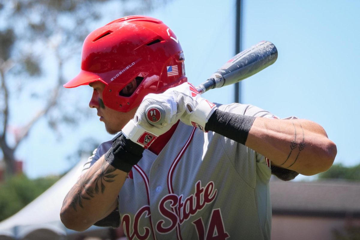 Sophomore outfielder Ty Head warms up on-deck during the game against Stanford at Klein Field at Sunken Diamond on Sunday, May 10, 2026. Head recorded a hit and a walk in the game. The Cardinal defeated the Wolfpack by a score of 9-5.
