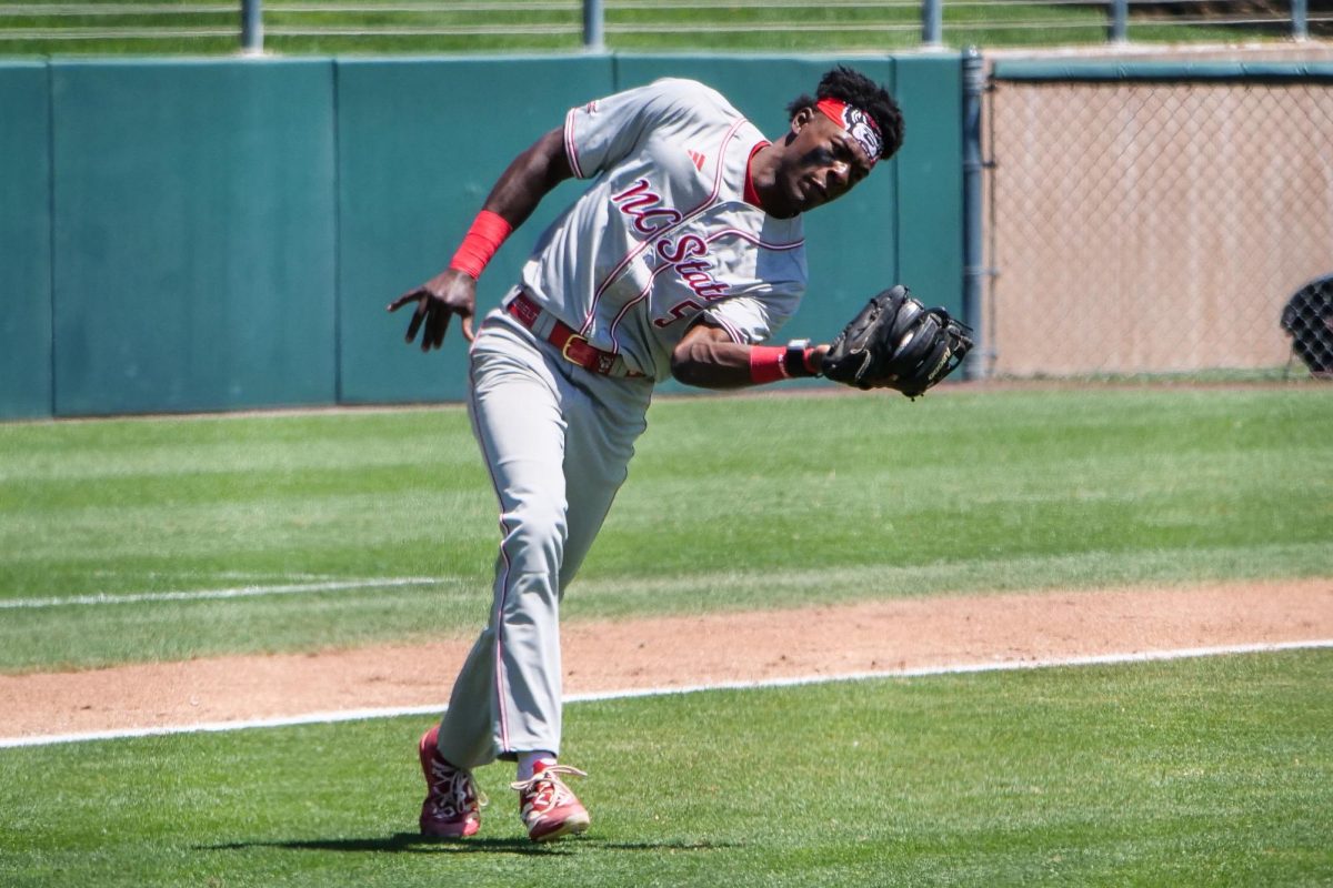Junior infielder Sherman Johnson catches a pop-up during the game against Stanford at Klein Field at Sunken Diamond on Sunday, May 10, 2026. The Cardinal defeated the Wolfpack by a score of 9-5.