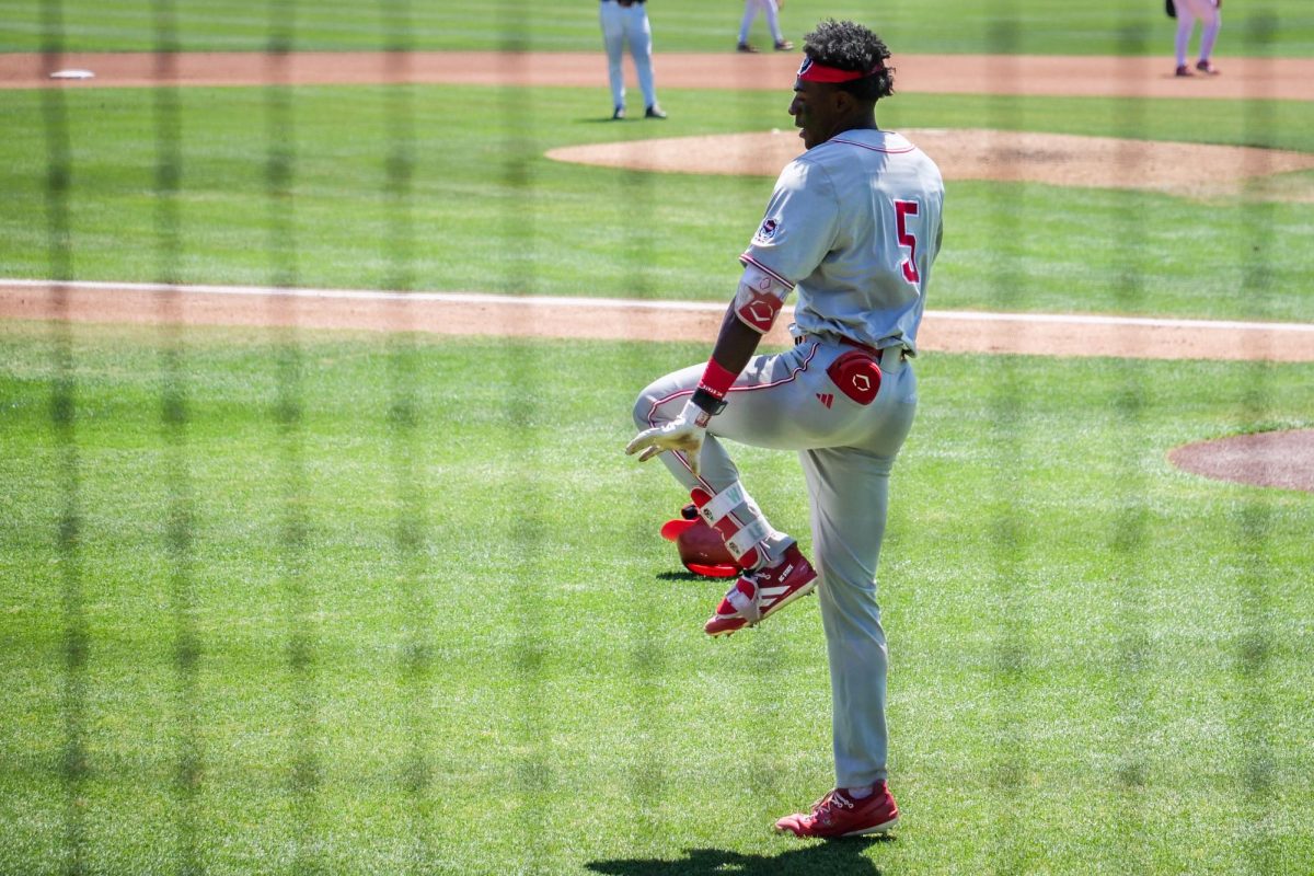 Junior infielder Sherman Johnson hits the "Heisman" after hitting a home run during the game against Stanford at Klein Field at Sunken Diamond on Sunday, May 10, 2026. Johnson recorded two RBIs in the game. The Cardinal defeated the Wolfpack by a score of 9-5.