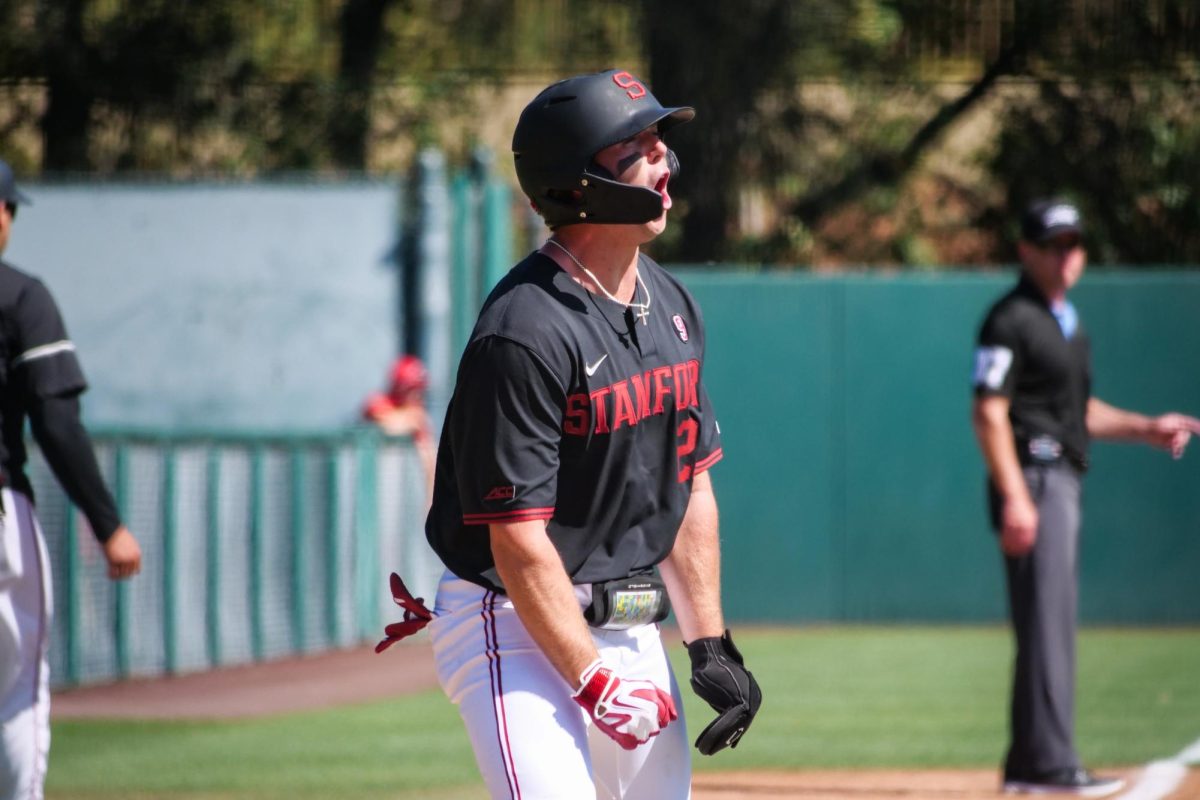 Senior outfielder Cort MacDonald screams in celebration after his teammate, sophomore infielder JJ Moran, hits a home run during the game against NC State at Klein Field at Sunken Diamond on Sunday, May 10, 2026. The Cardinal defeated the Wolfpack by a score of 9-5.