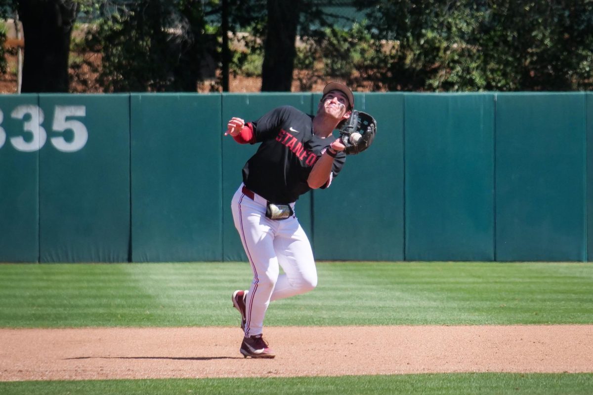 Sophomore infielder JJ Moran catches a pop-up during the game against NC State at Klein Field at Sunken Diamond on Sunday, May 10, 2026. The Cardinal defeated the Wolfpack by a score of 9-5.