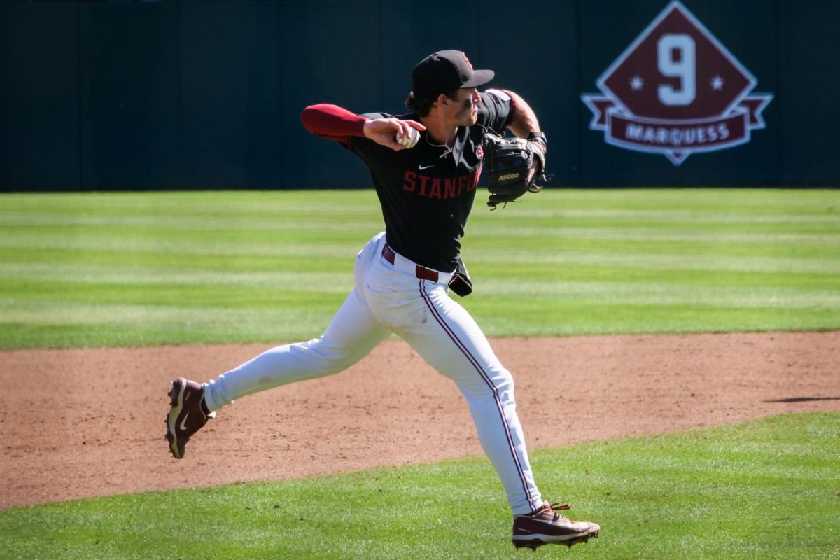 Sophomore infielder JJ Moran throws on the run during the game against NC State at Klein Field at Sunken Diamond on Sunday, May 10, 2026. The Cardinal defeated the Wolfpack by a score of 9-5.