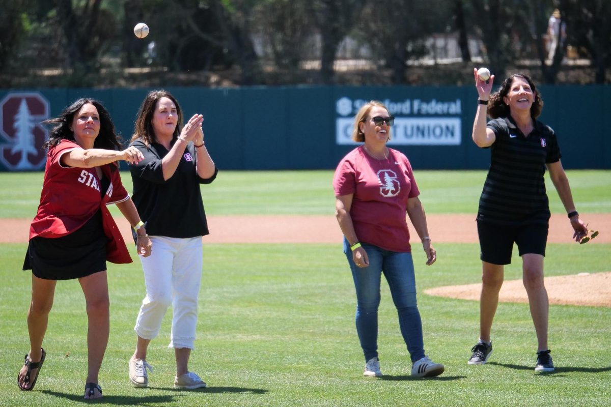 Stanford mothers throw out ceremonial pitches before the game against NC State at Klein Field at Sunken Diamond on Sunday, May 10, 2026. The Cardinal defeated the Wolfpack by a score of 9-5.