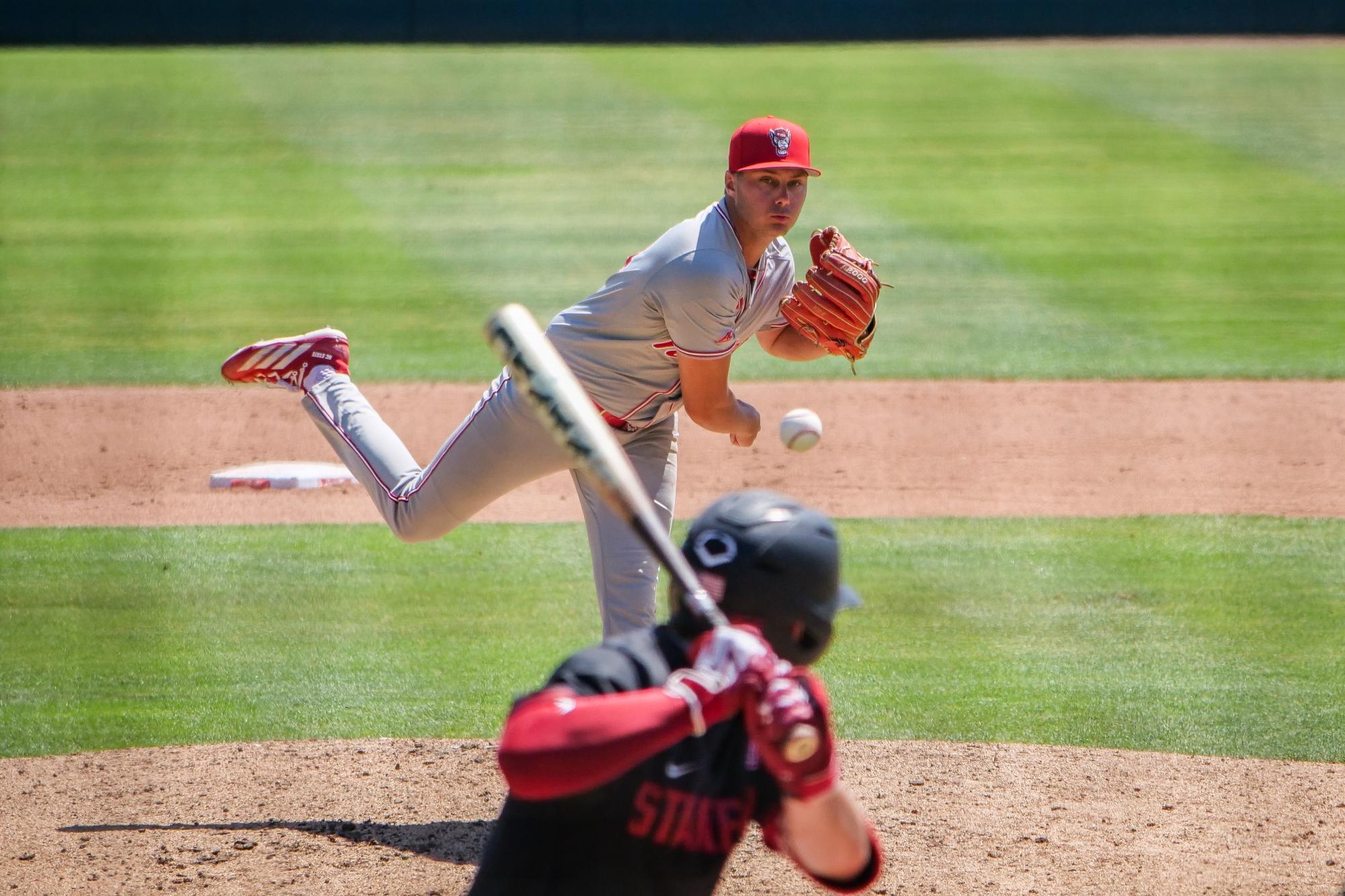 Sophomore right-handed pitcher Anderson Nance delivers a pitch during the game against Stanford at Klein Field at Sunken Diamond on Sunday, May 10, 2026. Nance allowed five earned runs in four and a third innings pitched. The Cardinal defeated the Wolfpack by a score of 9-5.