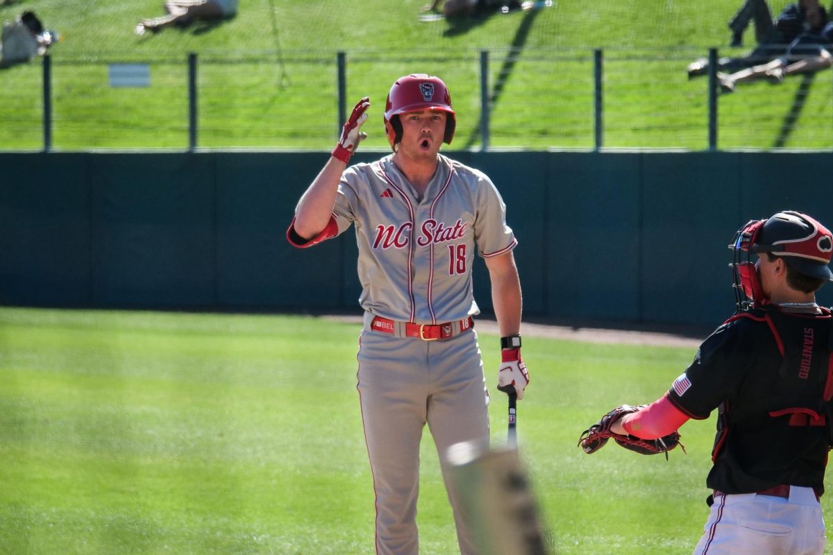 Senior infielder Wyatt Peifer exclaims in shock after striking out on a close call during the game against Stanford at Klein Field at Sunken Diamond on Sunday, May 10, 2026. The Cardinal defeated the Wolfpack by a score of 9-5.