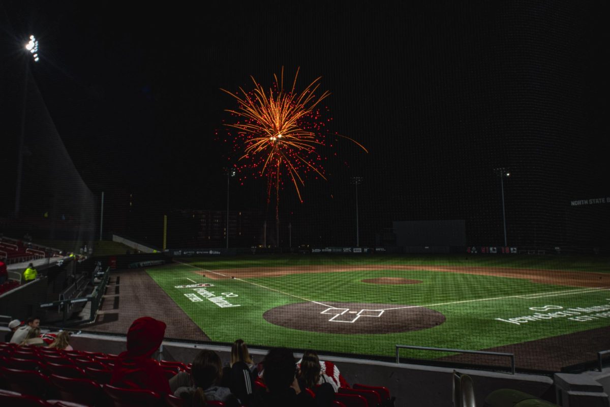 Fireworks light up a nearly vacant Doak Field at Dail Park after the game against UNC on Thursday, May 14, 2026. The Tar Heels defeated the Wolfpack 10-4.