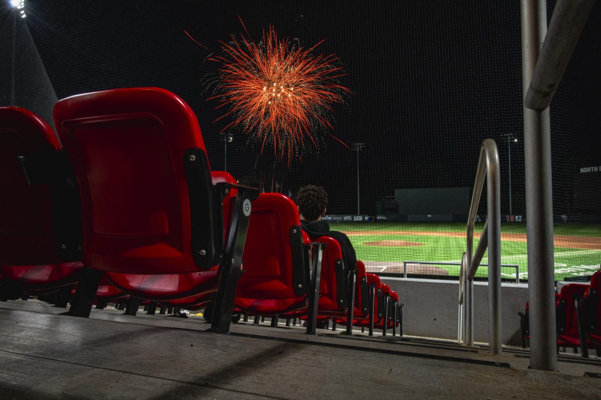 Fireworks light up a nearly vacant Doak Field at Dail Park after the game against UNC on Thursday, May 14, 2026. The Tar Heels defeated the Wolfpack 9-4.