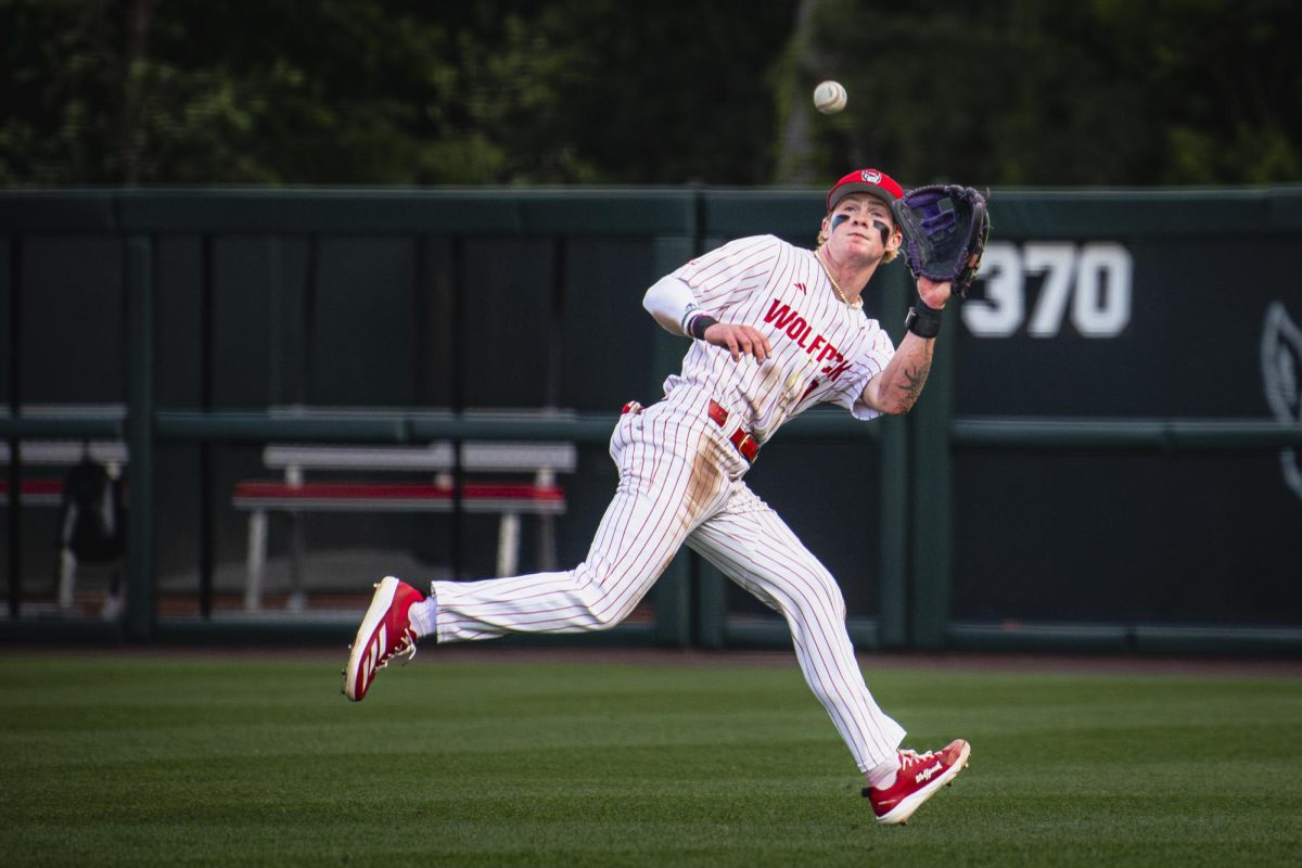 Junior infielder Luke Nixon catches a line drive during the game against UNC in Doak Field at Dail Park on Thursday, May 14, 2026. The Tar Heels defeated the Wolfpack 9-4.