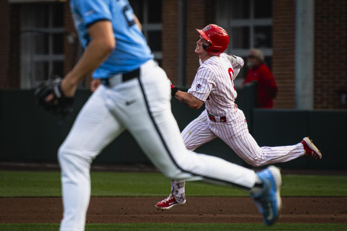 Junior infielder Like nixon speeds for second during the game against UNC in Doak Field at Dail Park on Thursday, May 14, 2026. Nixon went 1-for-5 with a double. The Tar Heels defeated the Wolfpack 9-4.