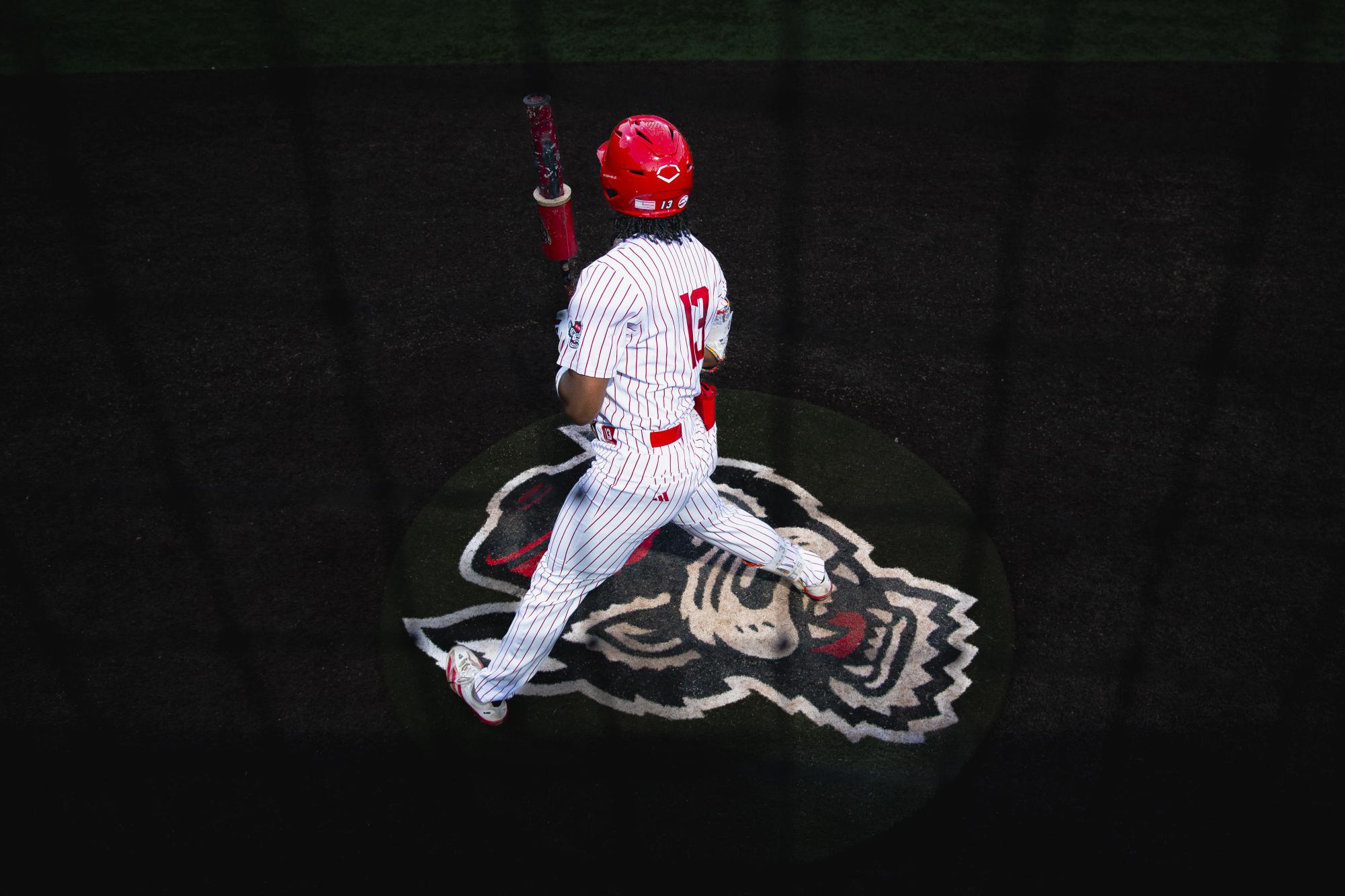 Junior outfielder Andrew Wiggins waits in the on-deck circle during the game against UNC in Doak Field at Dail Park on Thursday, May 14, 2026. The Tar Heels defeated the Wolfpack 9-4.