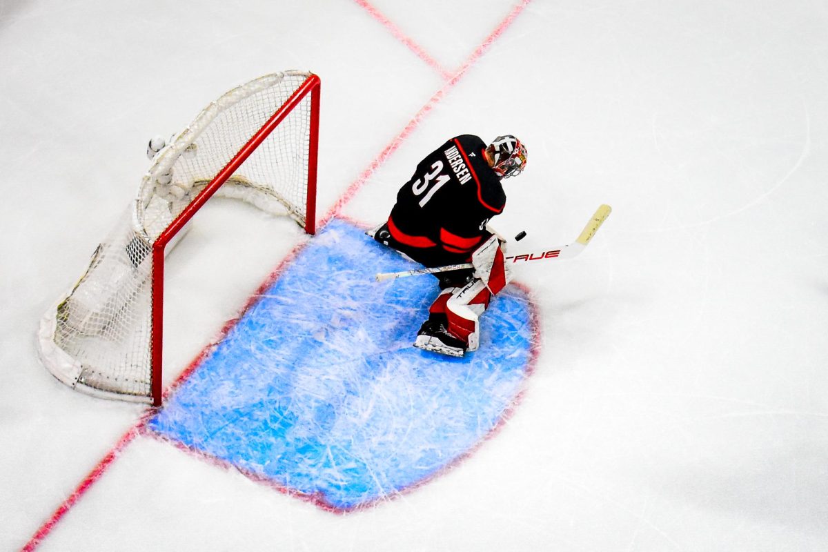 Goalie Frederik Andersen blocks a shot during Game One of Round Two in the Eastern Conference Playoffs against the Philadelphia Flyers at the Lenovo Center on Saturday, May. 2, 2026.  Andersen had nineteen saves, resulting in a shutout. The final score was 3-0.