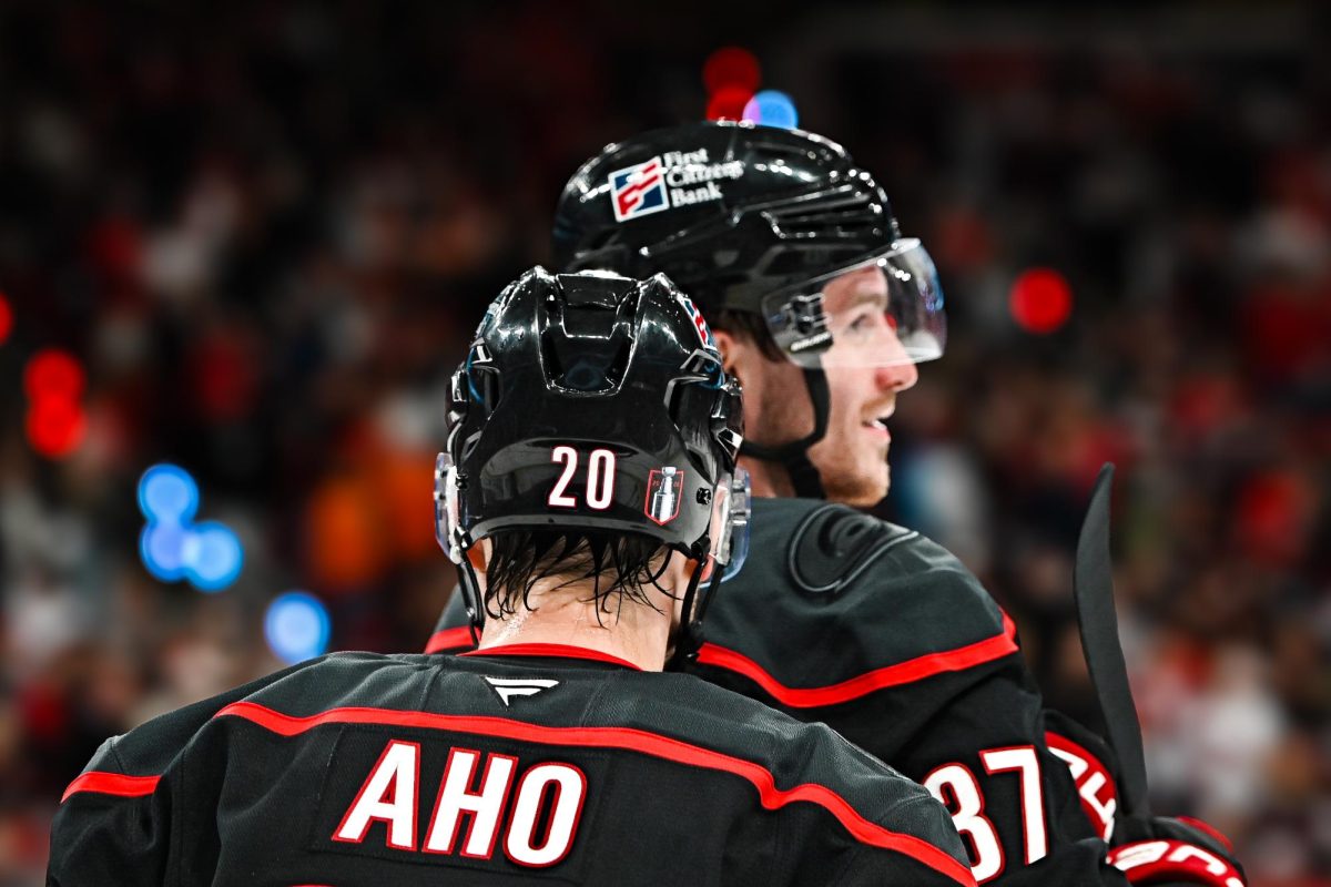 Center Sebastian Aho and right wing Andrei Svechnikov during Game One of Round Two in the Eastern Conference Playoffs against the Philadelphia Flyers at the Lenovo Center on Saturday, May. 2, 2026.  The Hurricanes defeated the Flyers 3-0.
