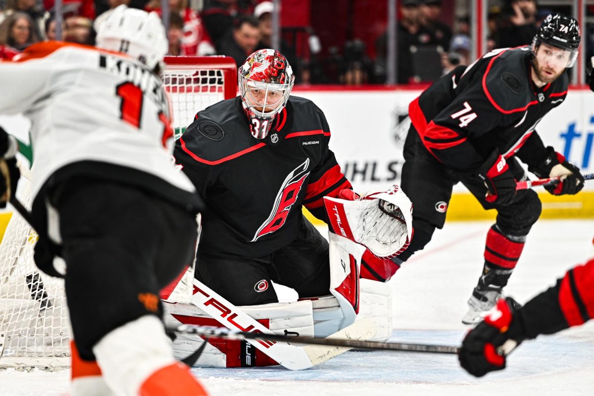 Goalie Frederik Andersen focuses on the puck during Game One of Round Two in the Eastern Conference Playoffs against the Philadelphia Flyers at the Lenovo Center on Saturday, May. 2, 2026.  The Hurricanes defeated the Flyers 3-0.