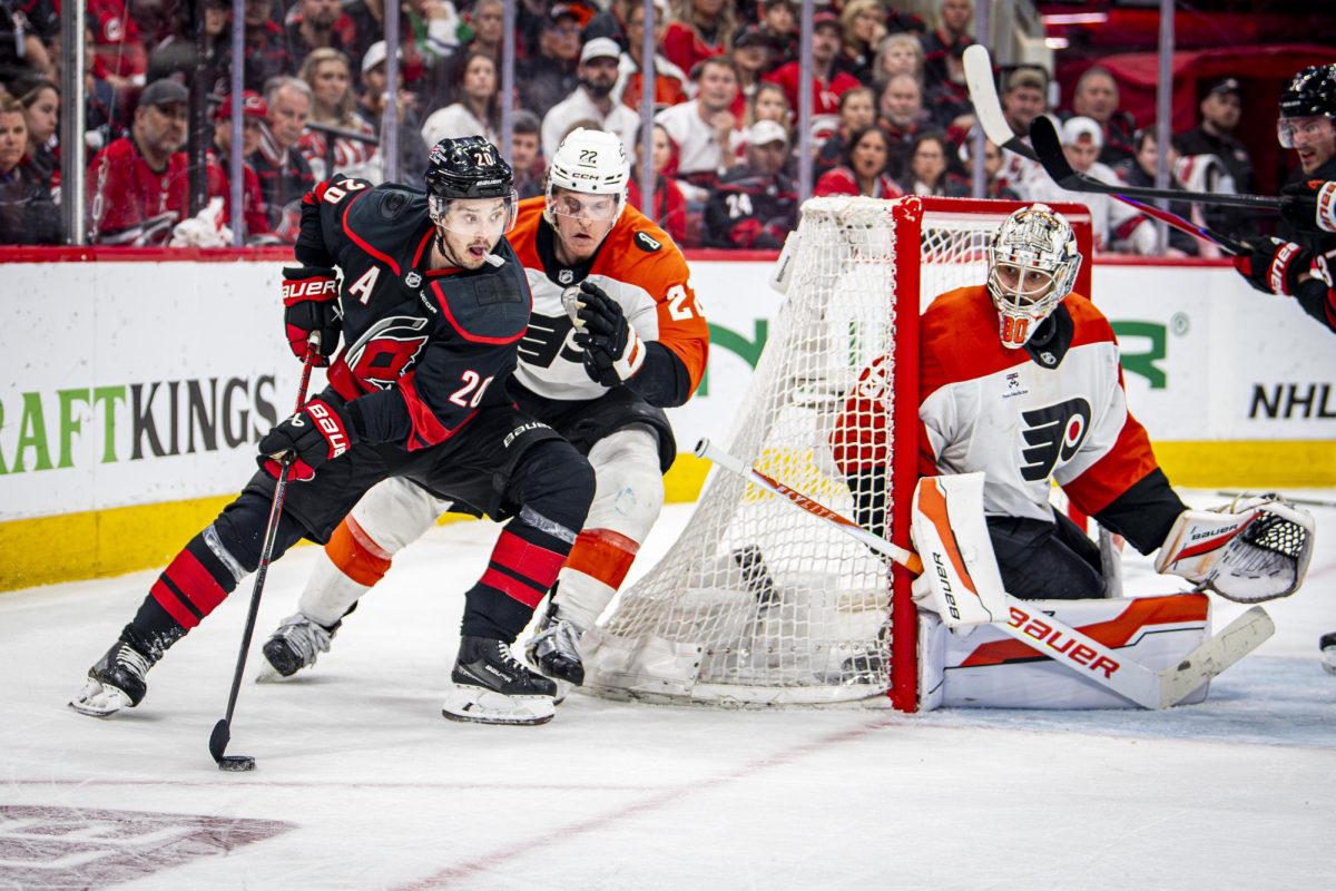 Center Sebastian Aho turns the corner during Game Two of the Eastern Conference Semifinals against the Philadelphia Flyers in the Lenovo Center on Monday, May 4, 2026. The Hurricanes defeated the Flyers 3-2.
