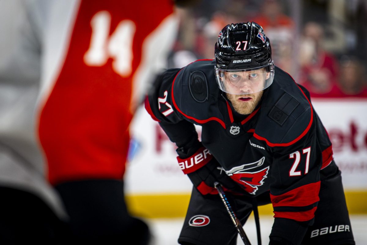Left-wing Nikolaj Ehlers prepares for a face-off during Game Two of the Eastern Conference Semifinals between the Carolina Hurricanes and Philadelphia Flyers in the Lenovo Center on Monday, May 4, 2026. The Hurricanes defeated the Flyers 3-2 in overtime.