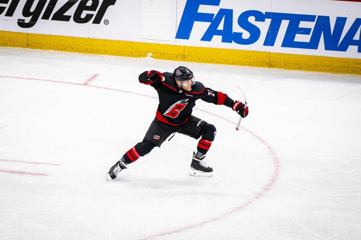 Hurricanes left-wing Nikolaj Ehlers celebrates after scoring a goal in the first period of Game Two of the Eastern Conference Semifinals against the Philadelphia Flyers in the Lenovo Center on Monday, May 4, 2026. The Hurricanes defeated the Flyers 3-2.