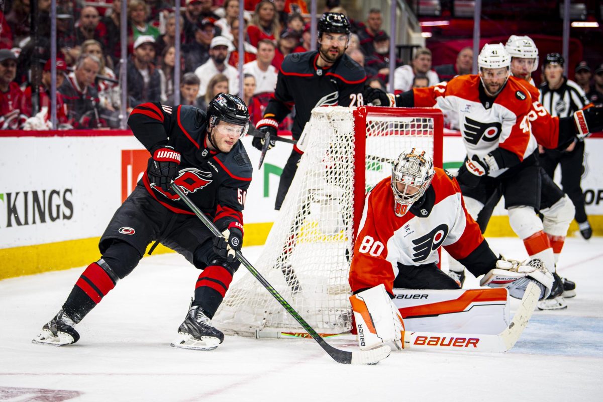 Left-wing Eric Robinson turns the corner during Game Two of the Eastern Conference Semifinals between the Carolina Hurricanes and Philadelphia Flyers in the Lenovo Center on Monday, May 4, 2026. The Hurricanes defeated the Flyers 3-2 in overtime.