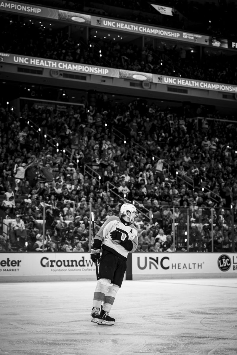 Flyers defenseman Travis Sanheim skates during Game Two of the Eastern Conference Semifinals between the Carolina Hurricanes and Philadelphia Flyers in the Lenovo Center on Monday, May 4, 2026. The Hurricanes defeated the Flyers 3-2 in overtime.