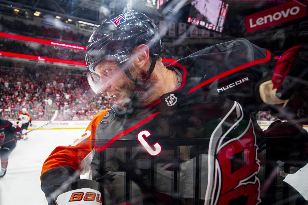 Center Jordan Staal presses up against the boards during Game Two of the Eastern Conference Semifinals in the Lenovo Center on Monday, May 4, 2026. The Hurricanes defeated the Flyers 3-2 in overtime.