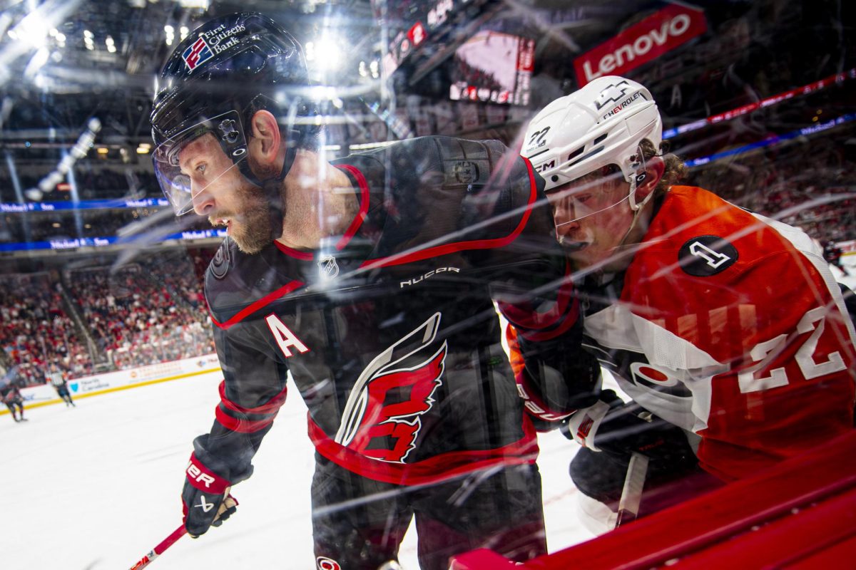 Center Jordan Staal skates along the boards for the puck during Game Two of the Eastern Conference Semifinals between the Carolina Hurricanes and Philadelphia Flyers in the Lenovo Center on Monday, May 4, 2026. The Hurricanes defeated the Flyers 3-2 in overtime.