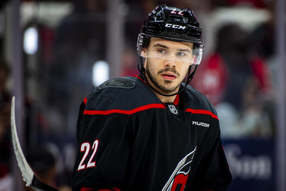 Hurricanes center Logan Stankoven skates during a pause in action during Game Two of the Eastern Conference Semifinals between the Carolina Hurricanes and Philadelphia Flyers in the Lenovo Center on Monday, May 4, 2026. The Hurricanes defeated the Flyers 3-2 in overtime.