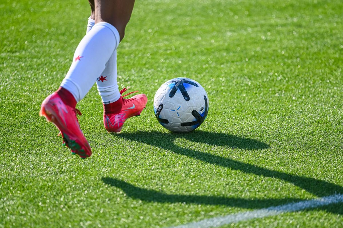 A close-up of a player's boots and the match ball occupies the frame before the game between North Carolina Courage and Chicago Stars FC at WakeMed Soccer Park on Saturday, May 16, 2026. Courage beat Chicago 4-0.