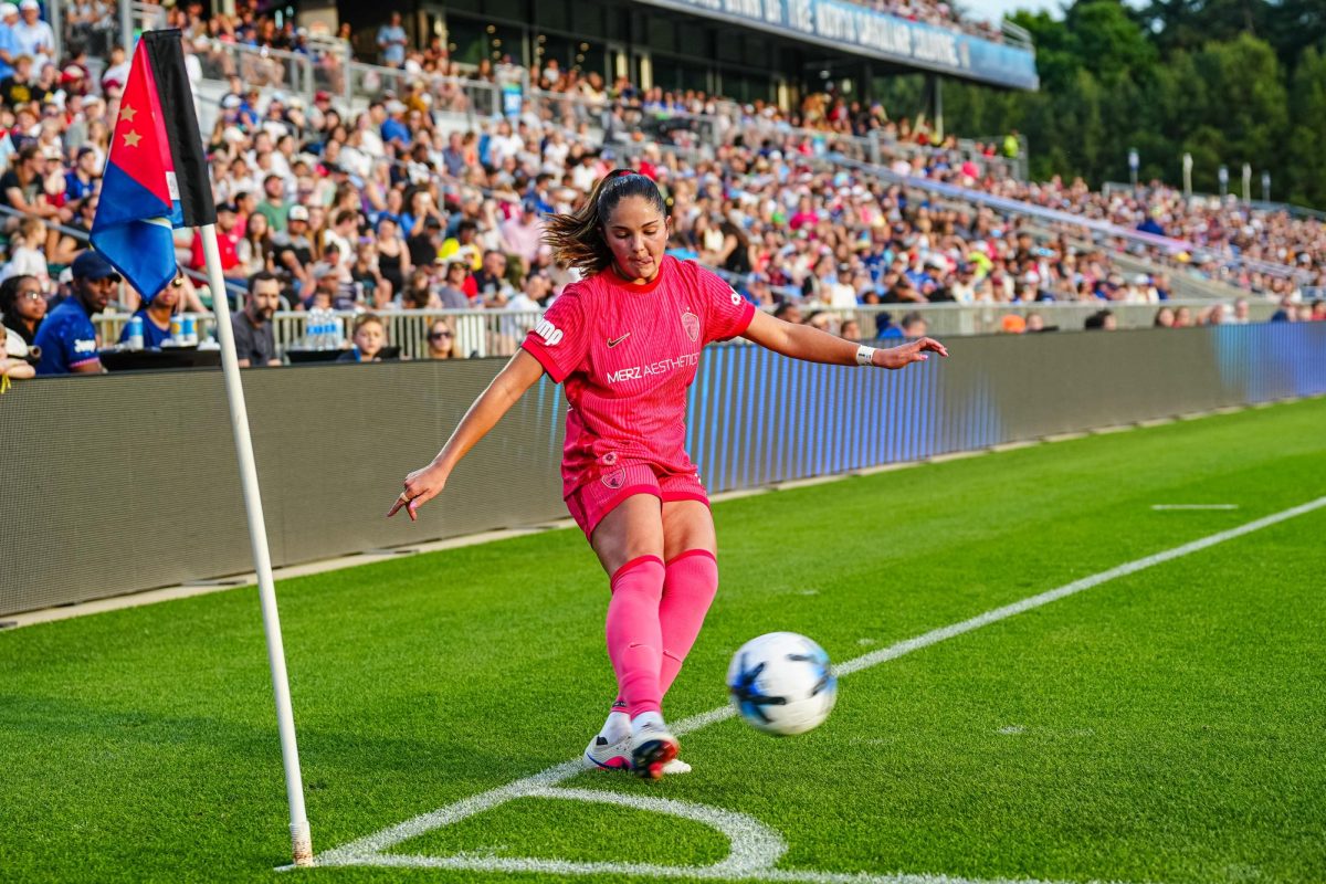 Courage midfielder Riley Jackson takes a corner kick during the game between North Carolina Courage and Chicago Stars FC at WakeMed Soccer Park on Saturday, May 16, 2026. Courage beat Chicago 4-0.