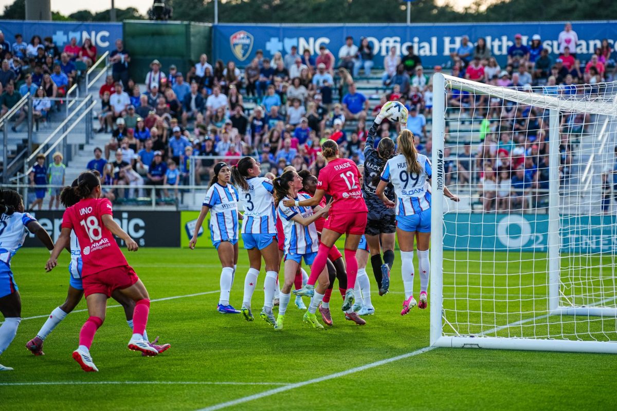 Chicago goalkeeper Halle Mackiewicz holds the ball during the game between North Carolina Courage and Chicago Stars FC at WakeMed Soccer Park on Saturday, May 16, 2026. Courage beat Chicago 4-0.