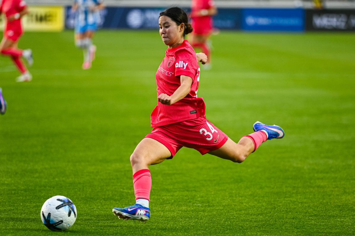 Courage midfielder Manaka Matsukubo attempts to shoot during the game between North Carolina Courage and Chicago Stars FC at WakeMed Soccer Park on Saturday, May 16, 2026. Courage beat Chicago 4-0.