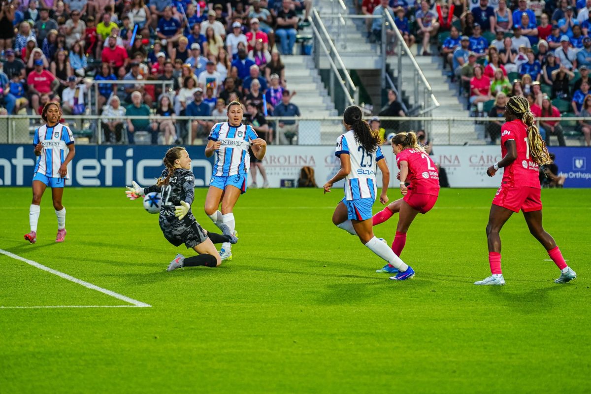 Courage midfielder Ashley Sanchez shoots the ball on target during the game between North Carolina Courage and Chicago Stars FC at WakeMed Soccer Park on Saturday, May 16, 2026. Sanchez recorded one goal. Courage beat Chicago 4-0.