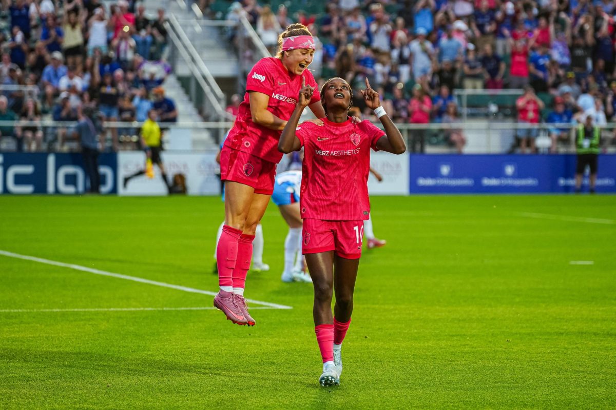 Courage forward Ally Schlegel and forward Evelyn Ijeh celebrate during the game between North Carolina Courage and Chicago Stars FC at WakeMed Soccer Park on Saturday, May 16, 2026. Courage beat Chicago 4-0.