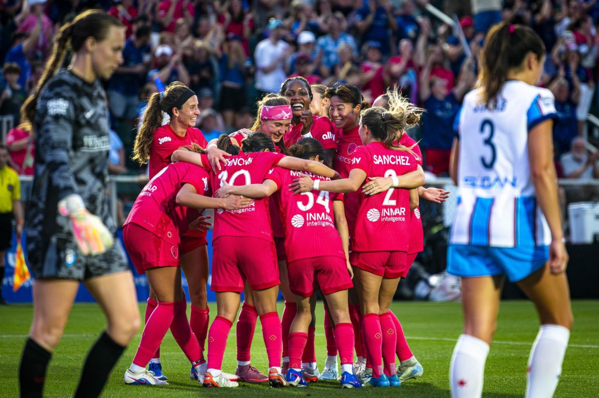 Courage players celebrate a goal during the game against the Chicago Stars in First Horizon Stadium at WakeMed Soccer Park on Saturday, May 16, 2026. The Courage defeated the Stars 4-0.