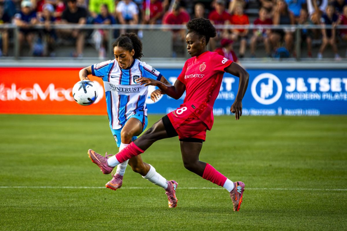 Courage forward Chioma Okafor (8) fights for possession during the game against the Chicago Stars in First Horizon Stadium at WakeMed Soccer Park on Saturday, May 16, 2026. The Courage defeated the Stars 4-0.