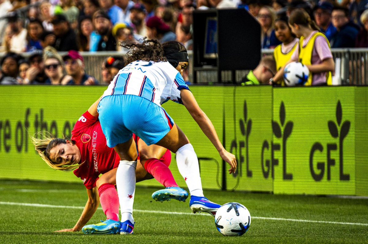 Midfielder Ashley Sanchez (2) lunges to steal the ball during the game against the Chicago Stars in First Horizon Stadium at WakeMed Soccer Park on Saturday, May 16, 2026. The Courage defeated the Stars 4-0.