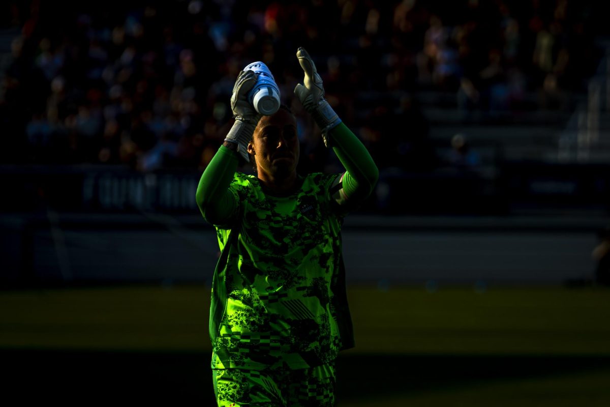 Goalkeeper Kailen Sheridan (1) hypes up the crowd before the game against the Chicago Stars in First Horizon Stadium at WakeMed Soccer Park on Saturday, May 16, 2026. The Courage defeated the Stars 4-0.