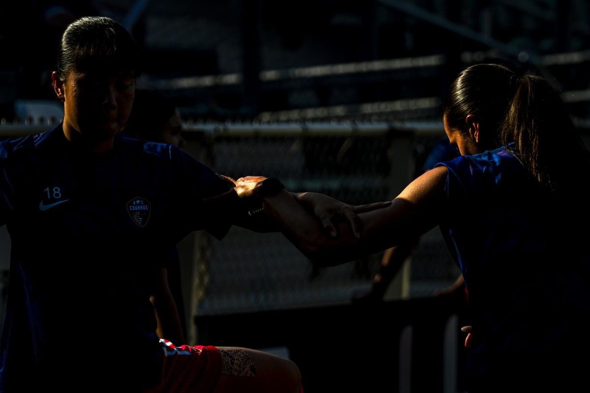 Courage players warm up before the game against the Chicago Stars in First Horizon Stadium at WakeMed Soccer Park on Saturday, May 16, 2026. The Courage defeated the Stars 4-0.