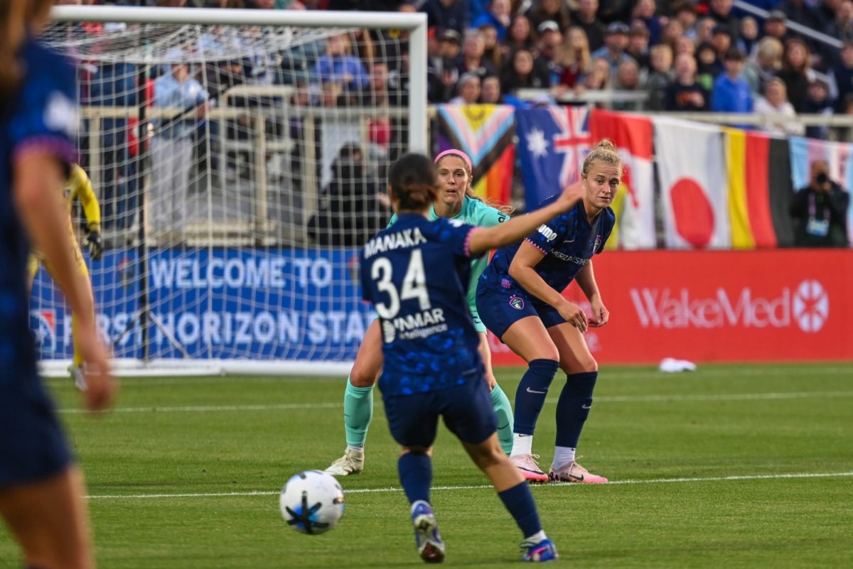 Forward Hannah Betfort and KC Current goalkeeper Lorena watch midfielder Manaka Matsukubo shoot during the game between the North Carolina Courage and Kansas City Current at First Horizon Stadium on Saturday, May. 2, 2026. There were 10,031 people in attendance, ranking third overall in club history. Courage fell to the Current 2-1.
