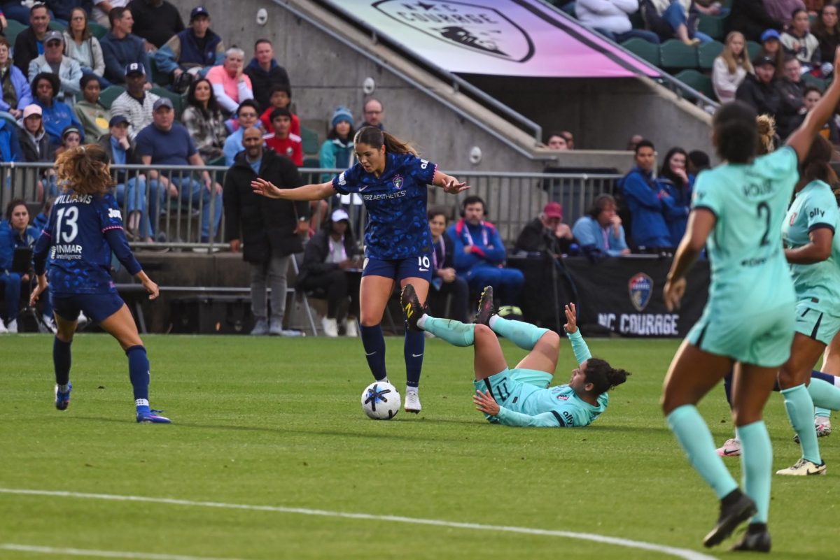 Midfielder Riley Jackson dribbles the ball during the game between the North Carolina Courage and Kansas City Current at First Horizon Stadium on Saturday, May. 2, 2026. This was Jackson's 50th NWSL Cap, making her the fourth youngest player in the NWSL to achieve the milestone. Courage fell to the Current 2-1.