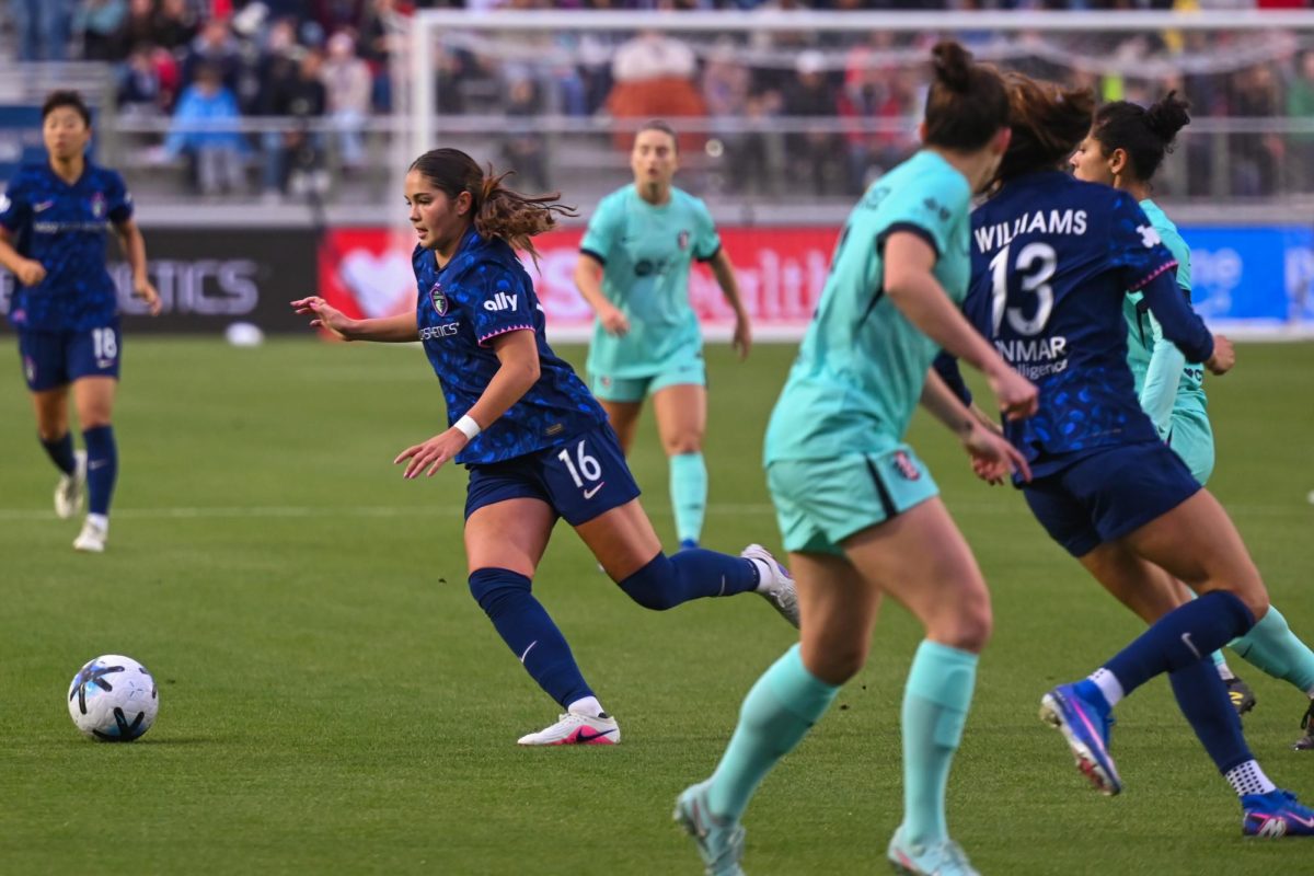 Midfielder Riley Jackson dribbles the ball during the game between the North Carolina Courage and Kansas City Current at First Horizon Stadium on Saturday, May. 2, 2026. This was Jackson's 50th NWSL Cap, making her the fourth youngest player in the NWSL to achieve the milestone. Courage fell to the Current 2-1.