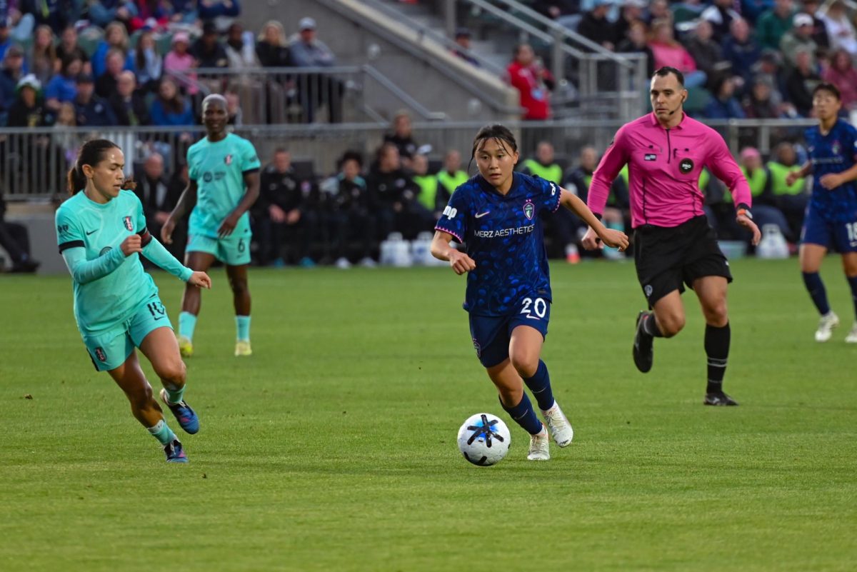 Midfielder Shinomi Koyama dribbles the ball during the game between the North Carolina Courage and Kansas City Current at First Horizon Stadium on Saturday, May. 2, 2026. There were 10,031 people in attendance, ranking third overall in club history. Courage fell to the Current 2-1.