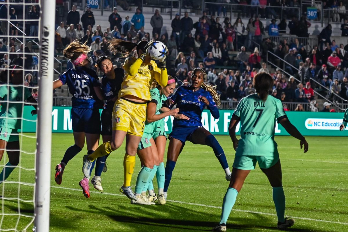 KC Current goalkeeper Lorena grabs the ball during the game between the North Carolina Courage and Kansas City Current at First Horizon Stadium on Saturday, May. 2, 2026. There were 10,031 people in attendance, ranking third overall in club history. Courage fell to the Current 2-1.